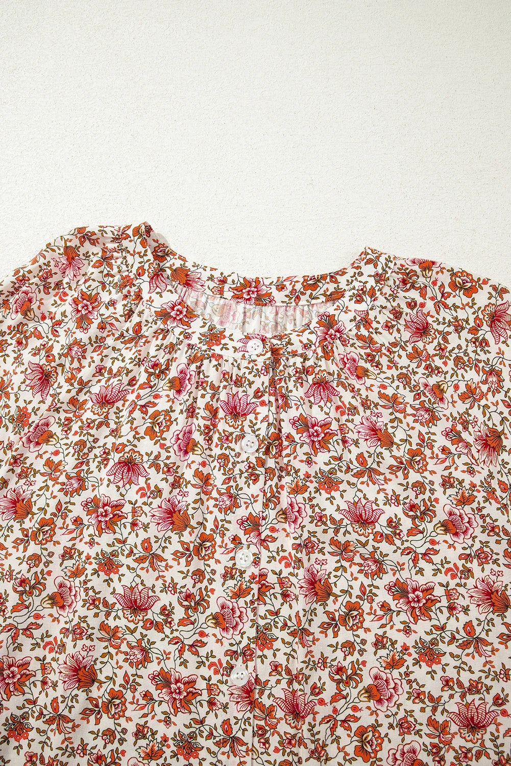 Floral Pleated Notched Neck Puff Sleeve Blouse