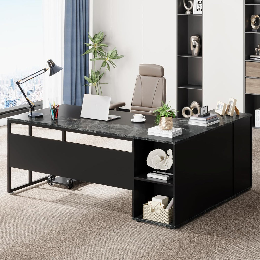 71" L-Shaped Executive Desk with Storage Cabinet & Shelves