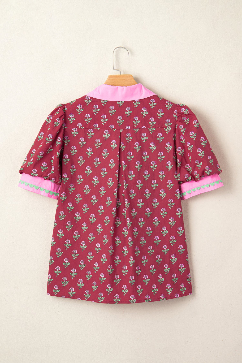 Floral Contrast Collared V-Neck Ricrac-Trim Blouse