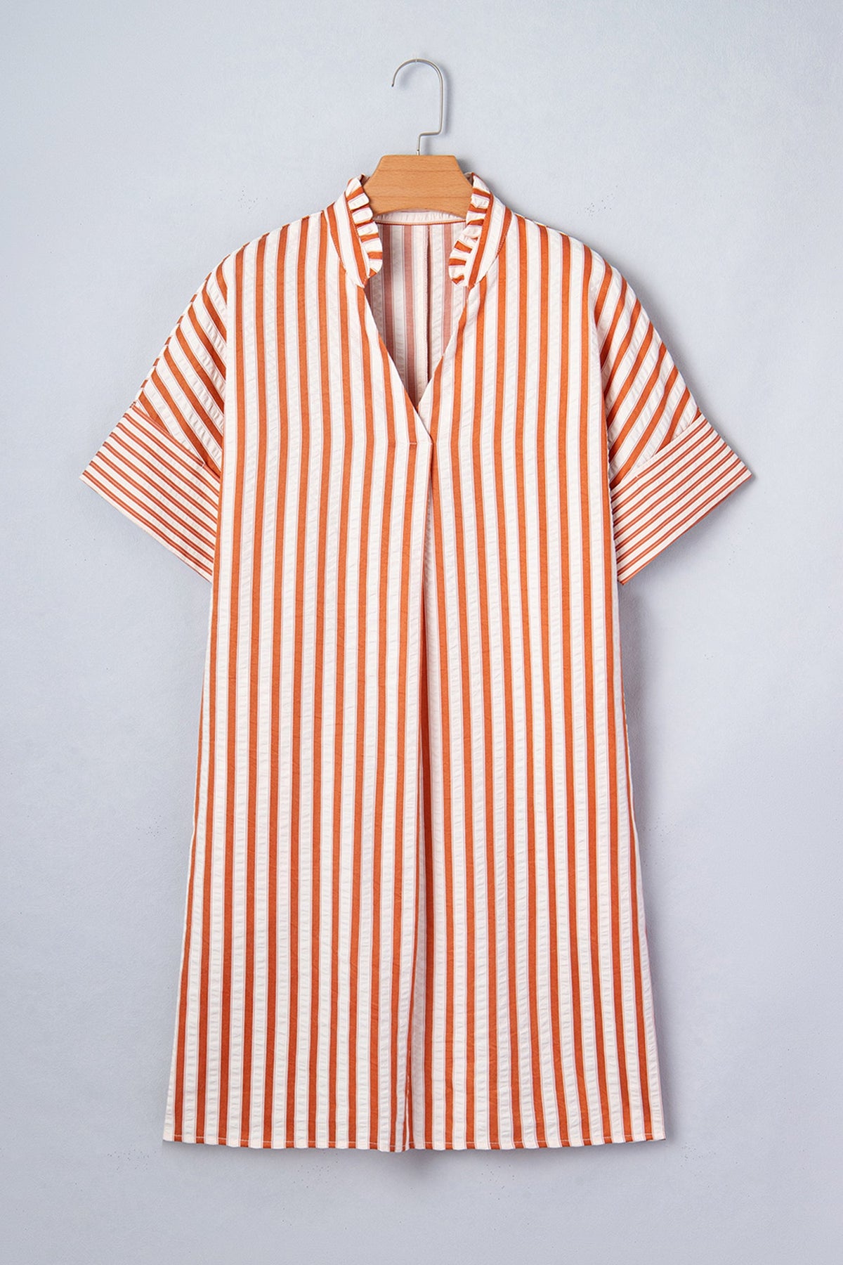 Stripe Pleated Frilled V-Neck Mini Dress