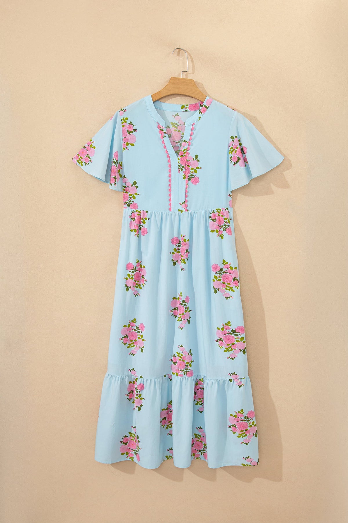 Floral Notched Neck Flutter Sleeve Maxi Dress