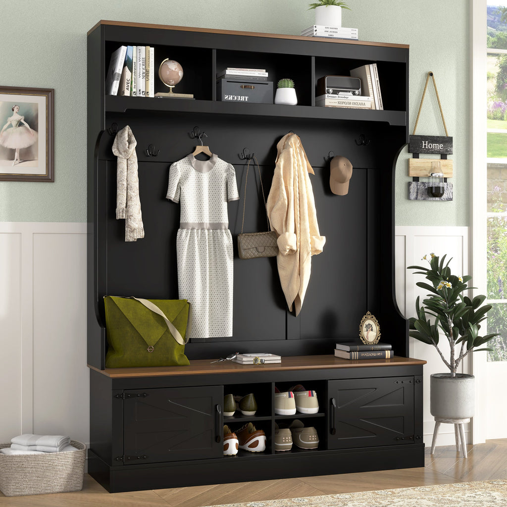 Vibe Haus 71"H Farmhouse Hall Tree with Bench and Shoe Storage