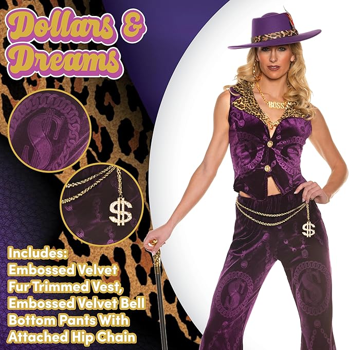 Velvet Pimp 70's Retro Disco Women Purple Dollars & Dreams Costume