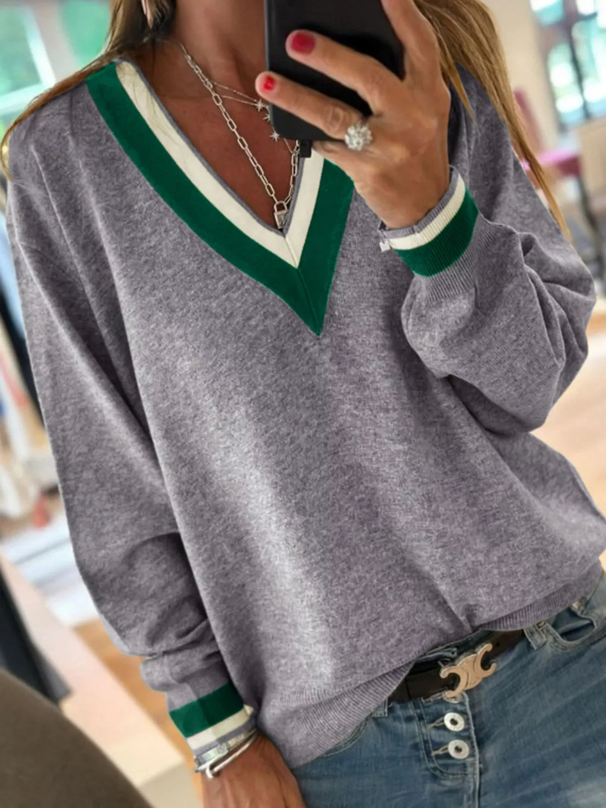 Contrast Striped Trim V Neck Varsity Sweater