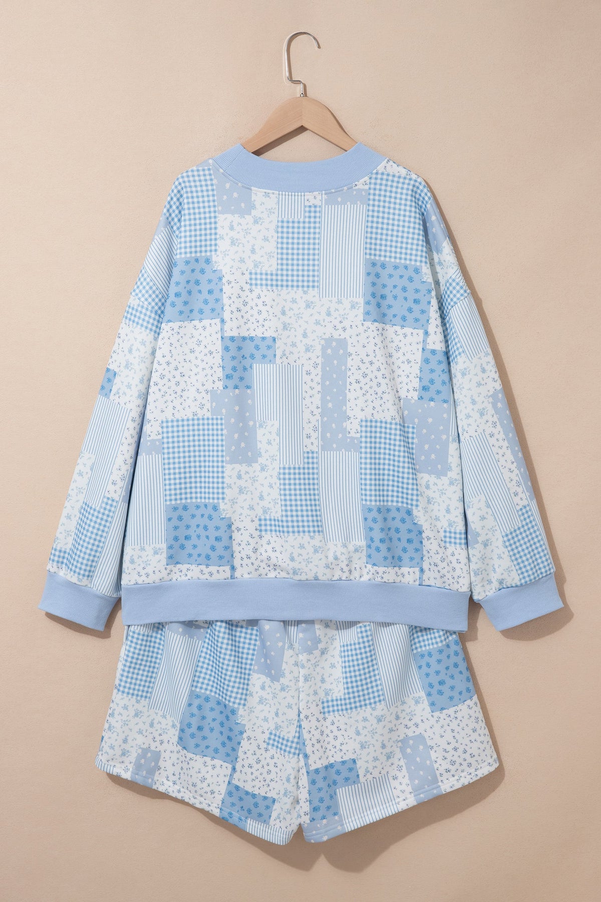 Sky Blue Patchwork Floral Print Stand Neck Long Sleeve Two-piece Outfit Plus Size Set