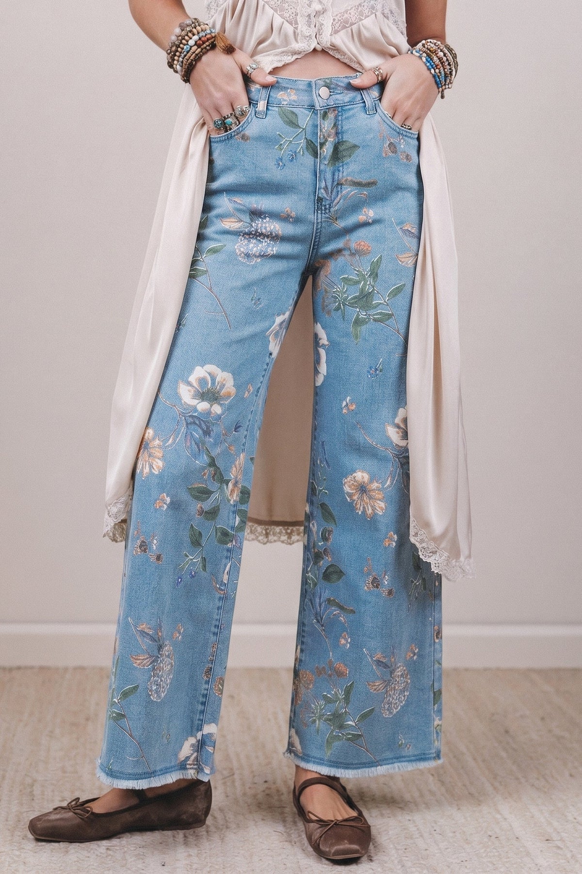 Sky Blue Retro Floral Print Frayed Hem Shift Jeans