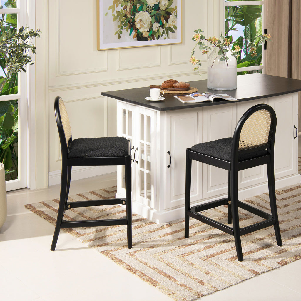 Panama 26.5" Curved Back Cane Rattan Counter Stool, Set of 2, Ebony
