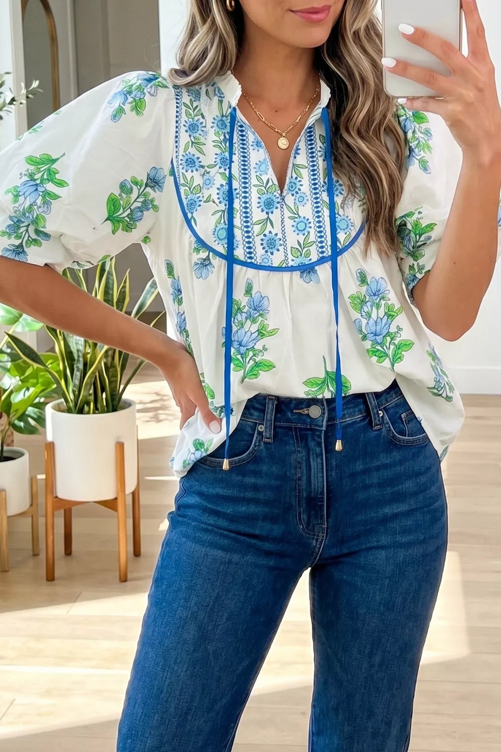 Floral Print Contrast Trim Tie Neck Blouse