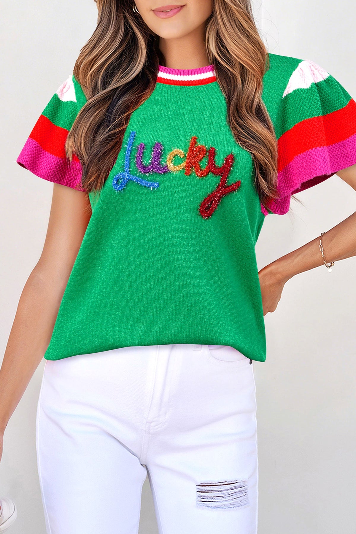 Lucky Stripe Flutter Sleeve Round Neck Sweater