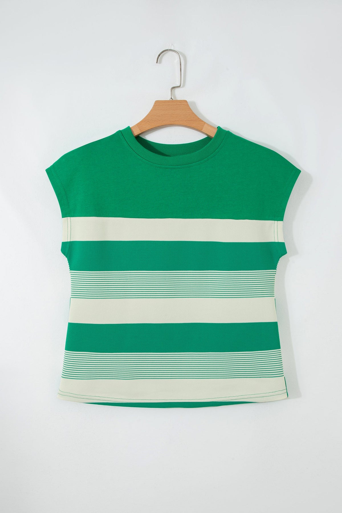 Stripe Mixed Crew Neck Cap Sleeve T-Shirt