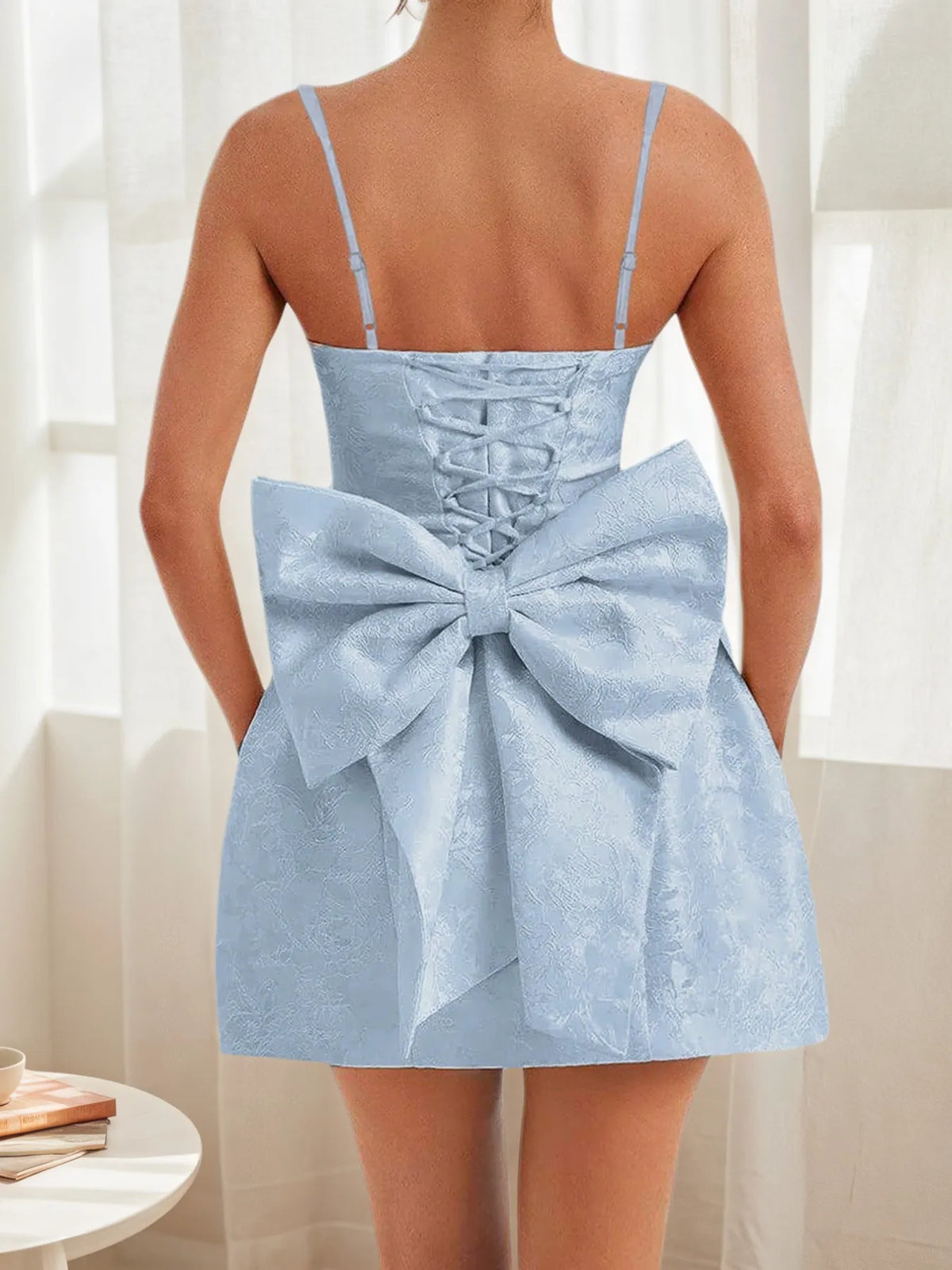 Lace Up Back Mini Dress with Bow Detail