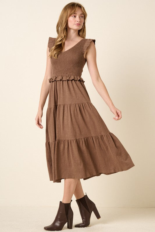 Smocked Ruffled Tiered Midi Dress For Women – Feminine, Romantic & Elegant Boho Chic Dress for Special Occasions