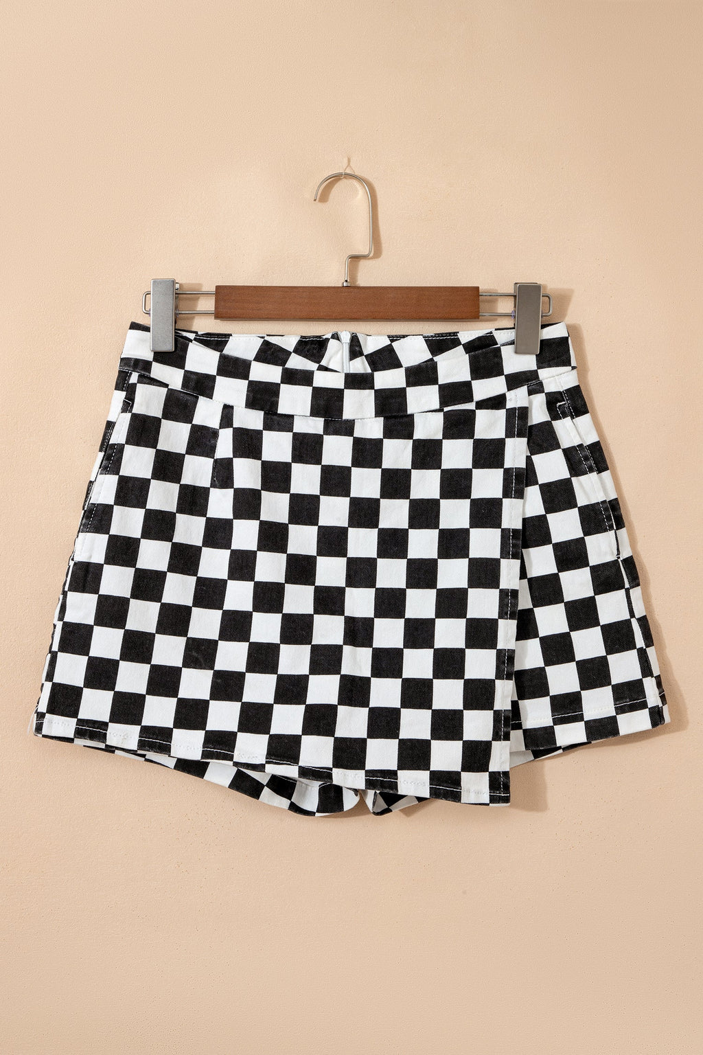 Checker Denim Pocketed Overlap Skort