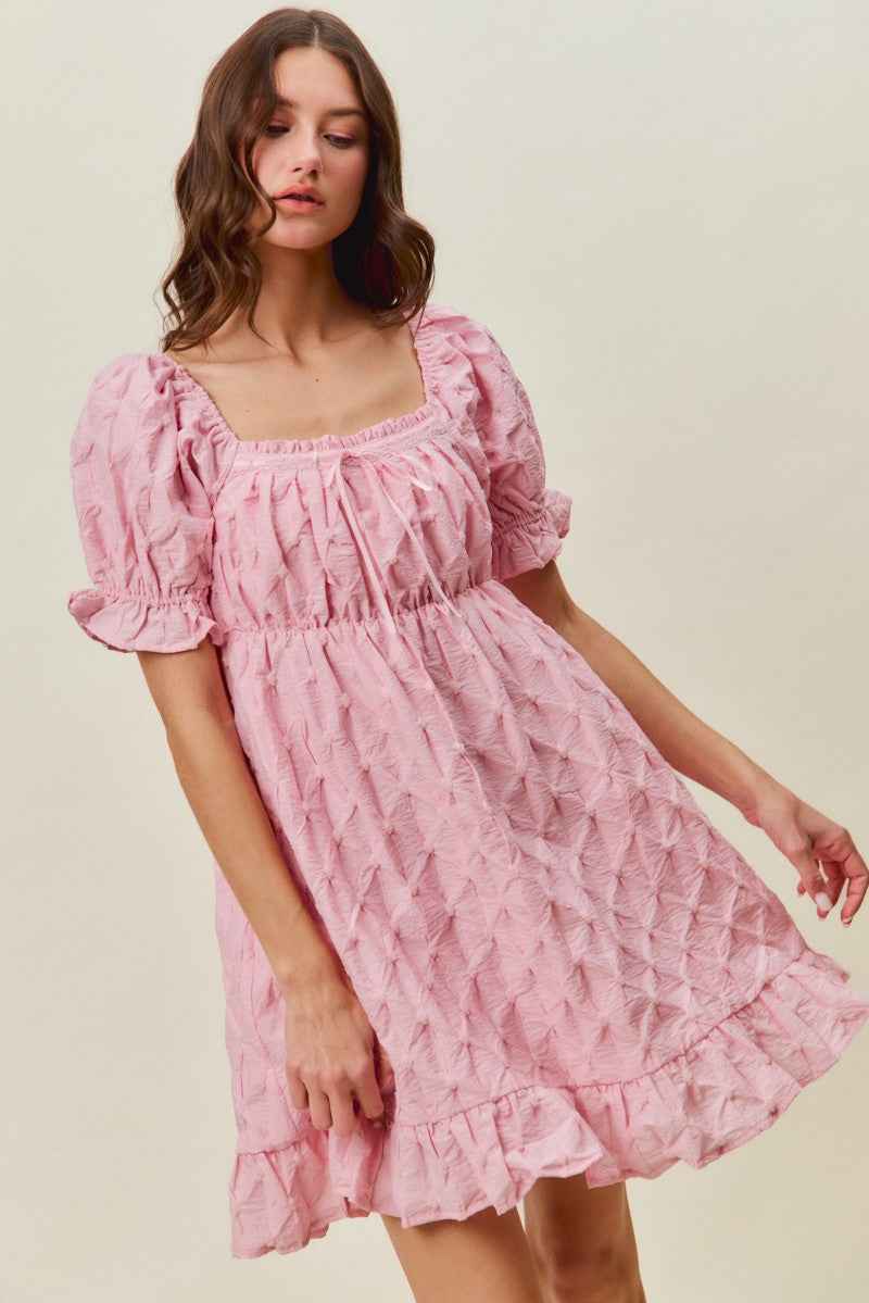 Pink Texture Woven Ruching On Bust Mini Dress by So Me