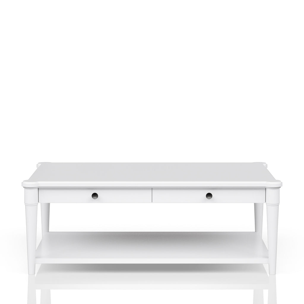 White Finished Cocktail Table With Two Storage Drawers and Casters