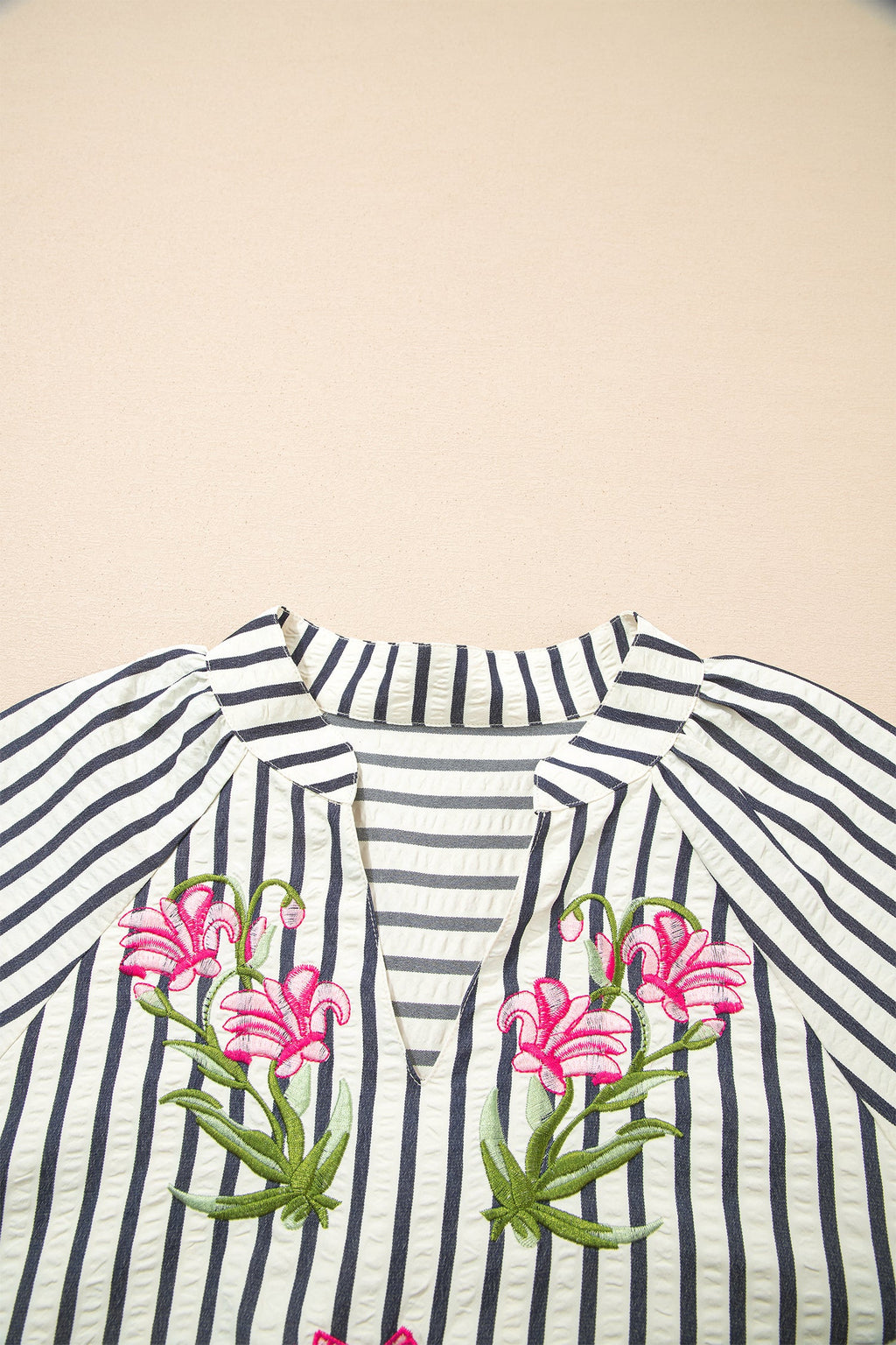 Stripe Floral Embroidered V-Neck 3/4 Sleeve Blouse