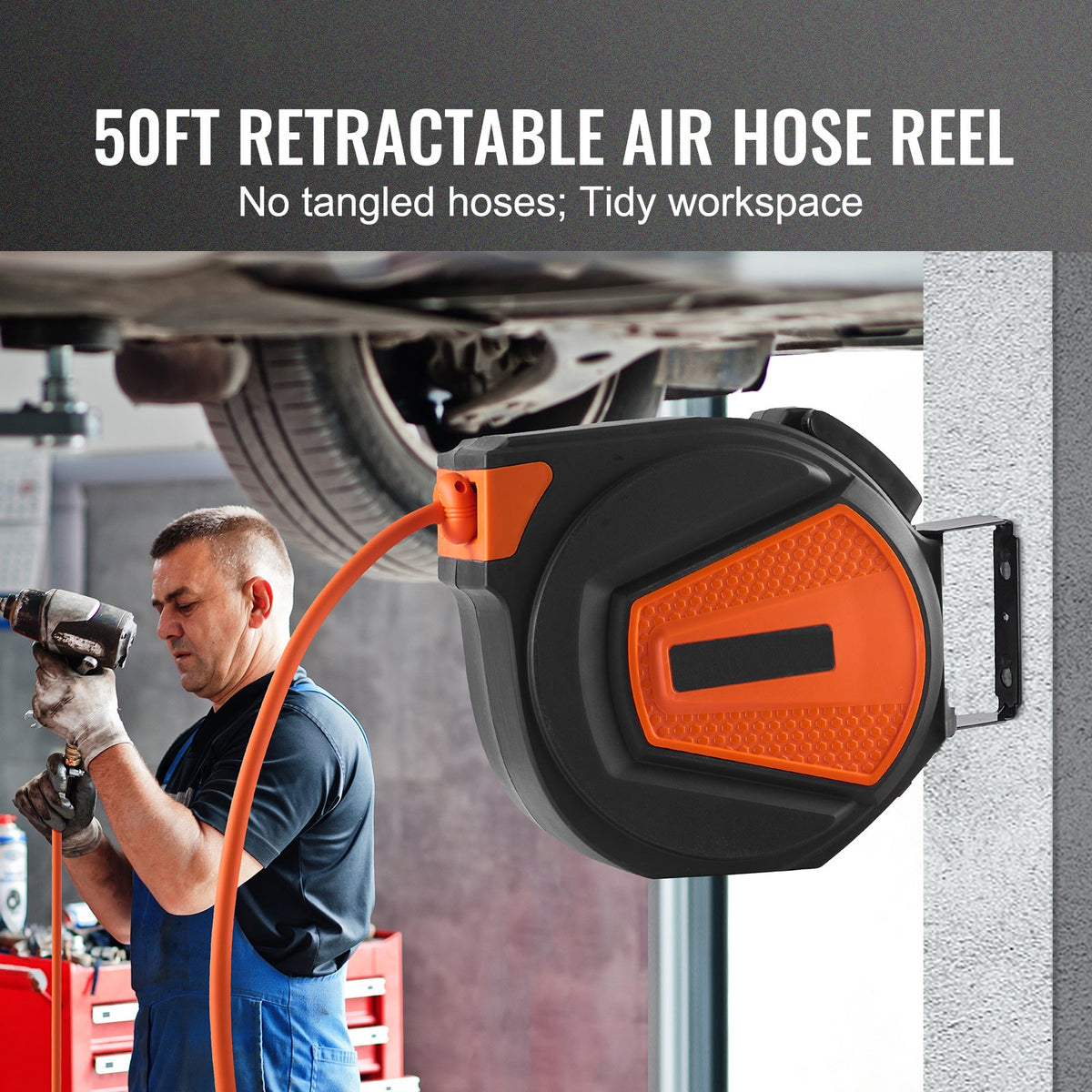 Retractable Air Hose Reel with 50 FT Hybrid Hose