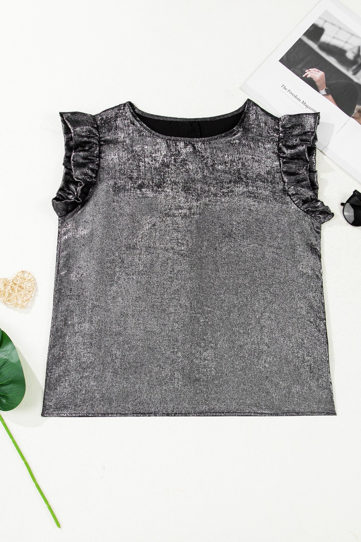 Metallic Ruffle Trim Sleeveless Round Neck Top