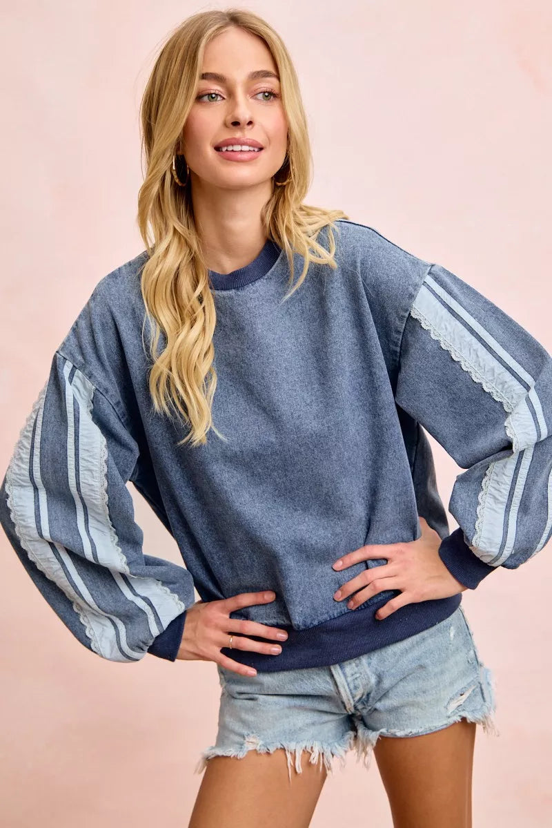 Washed Denim Lace Contrast Sided Sweatshirt by BiBi