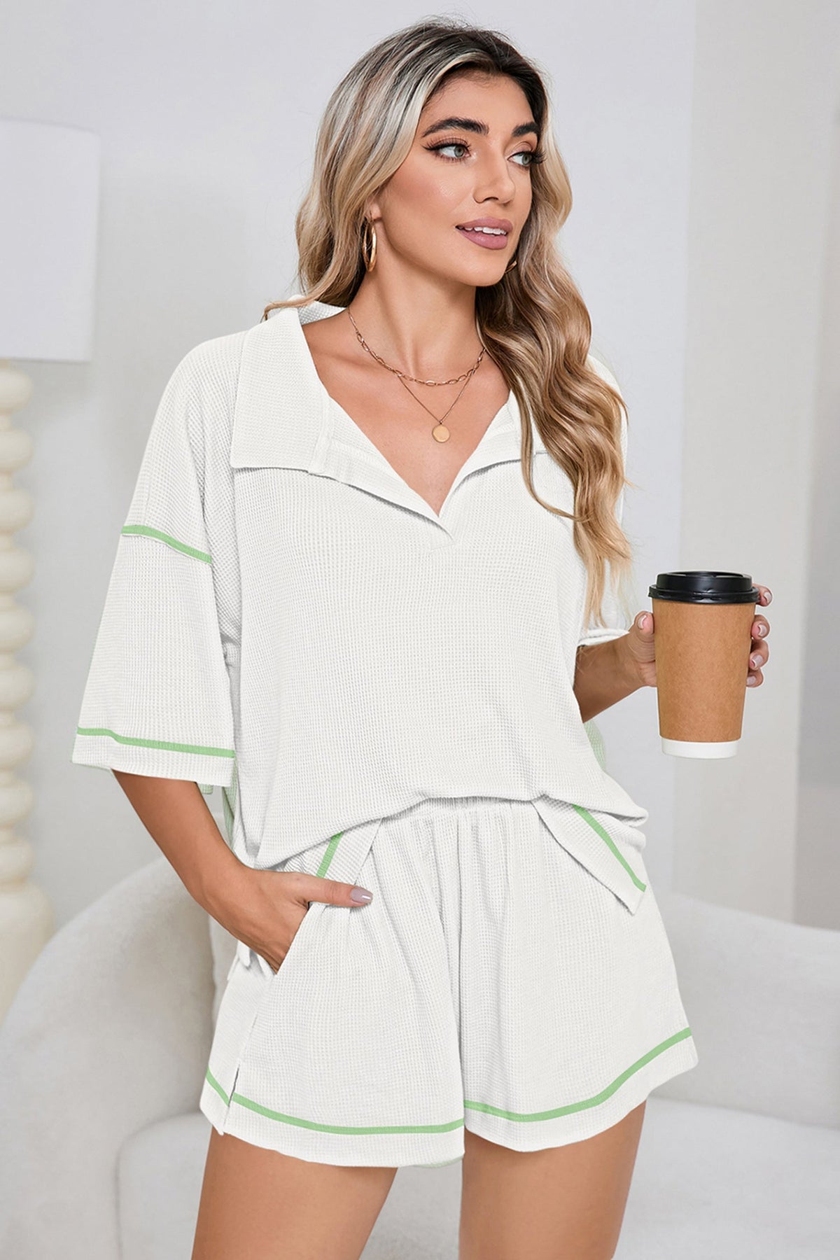 Colorblock Trim Waffle Knit Top and Shorts Set