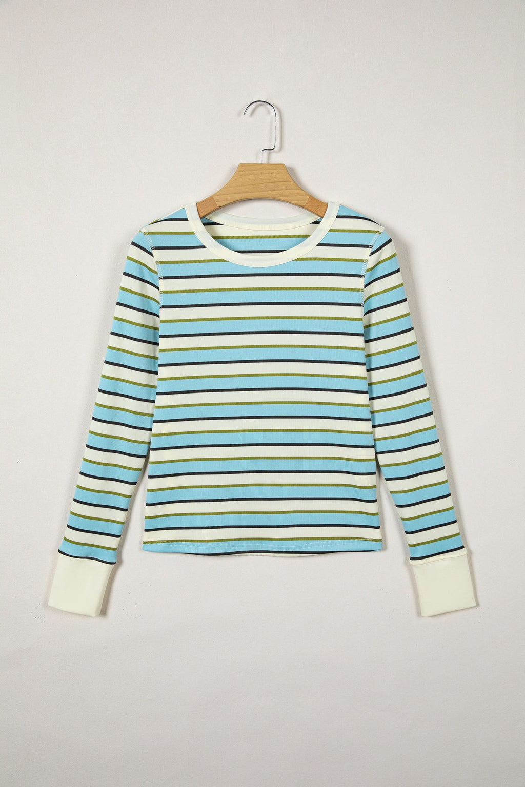 Stripe Round Neck Ribbed Knit Long Sleeve Top