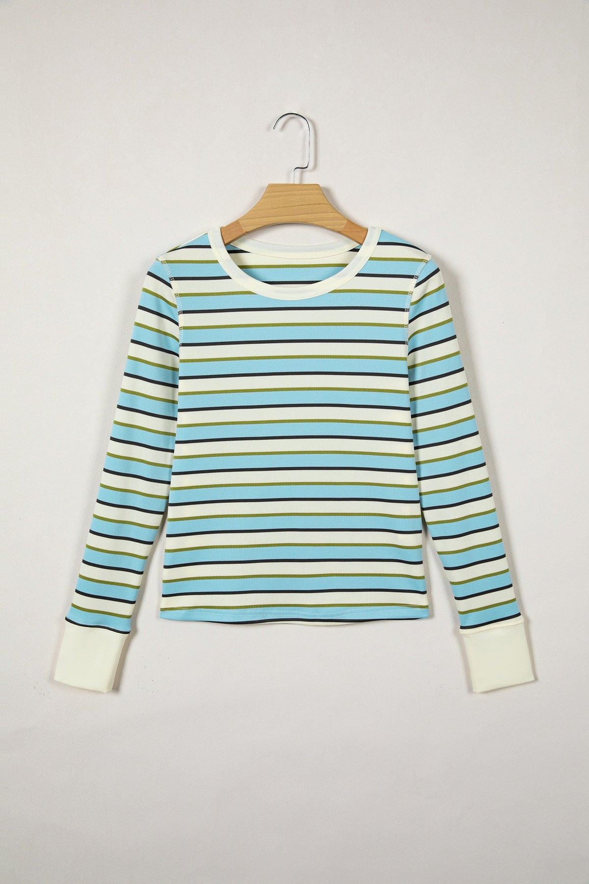 Stripe Round Neck Ribbed Knit Long Sleeve Top