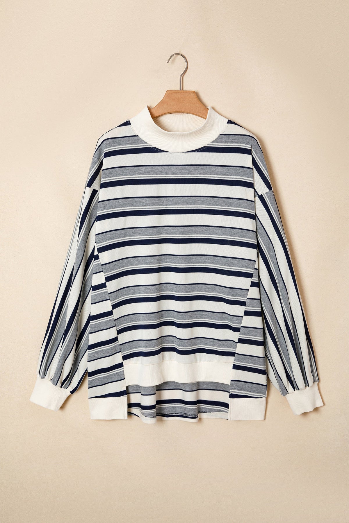 Stripe Ribbed Mock Neck Long Sleeve Sweatshirt