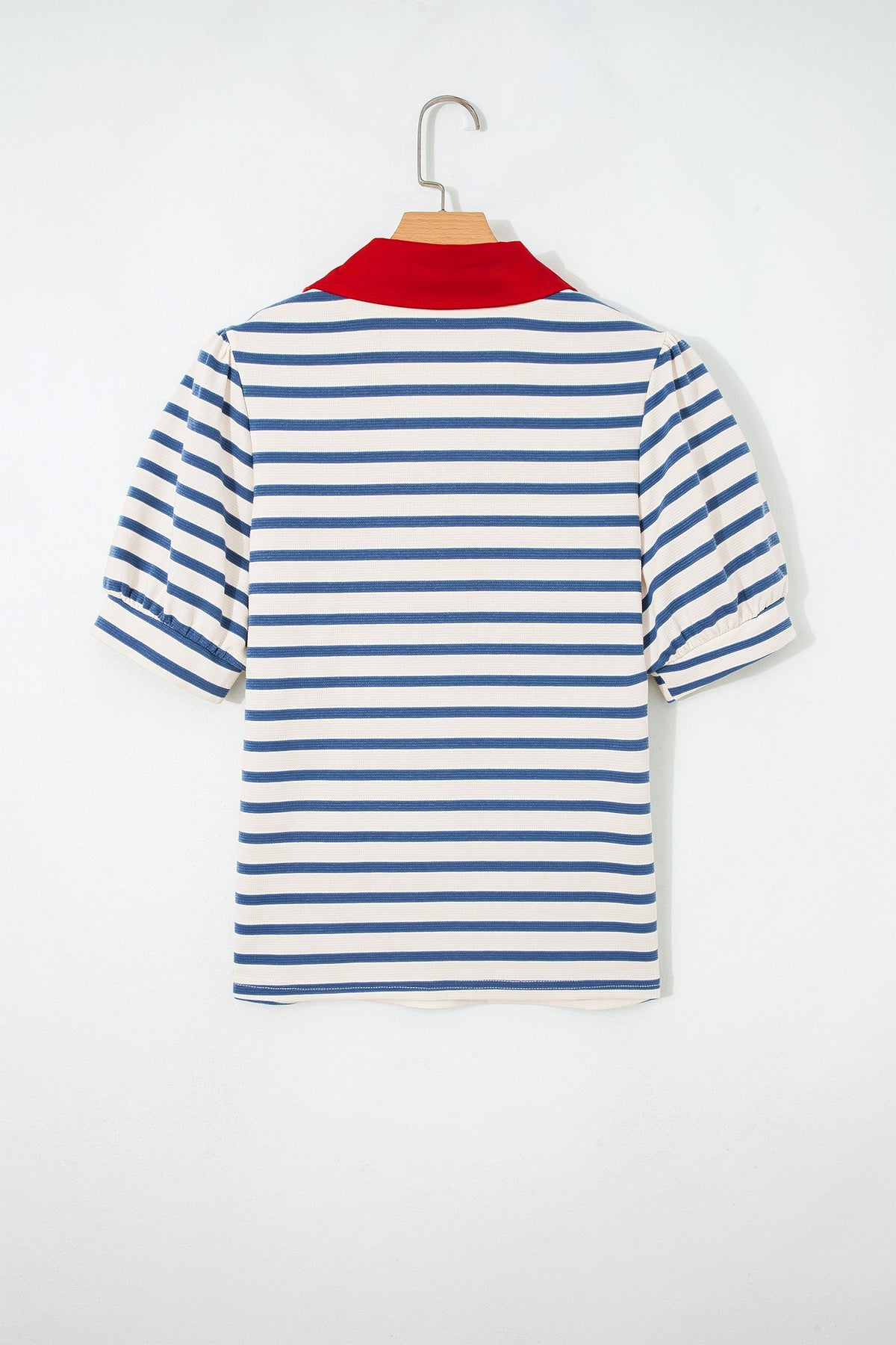 Stripe Colorblock Puff Sleeve Polo Collar Blouse
