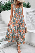 Floral Print Trimmed V Neck Tie Waist Sleeveless Dress