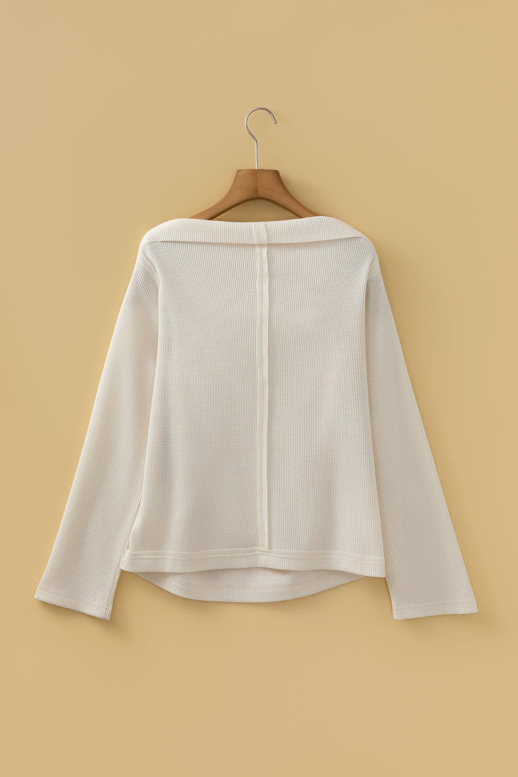 Beige Solid Color Waffle Knit Asymmetric Neck Long Sleeve Top