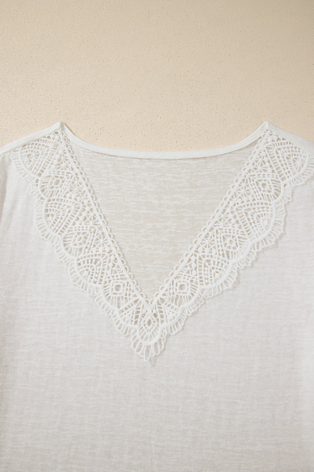 Solid Hollowed Lace Trim V-Neck T-Shirt
