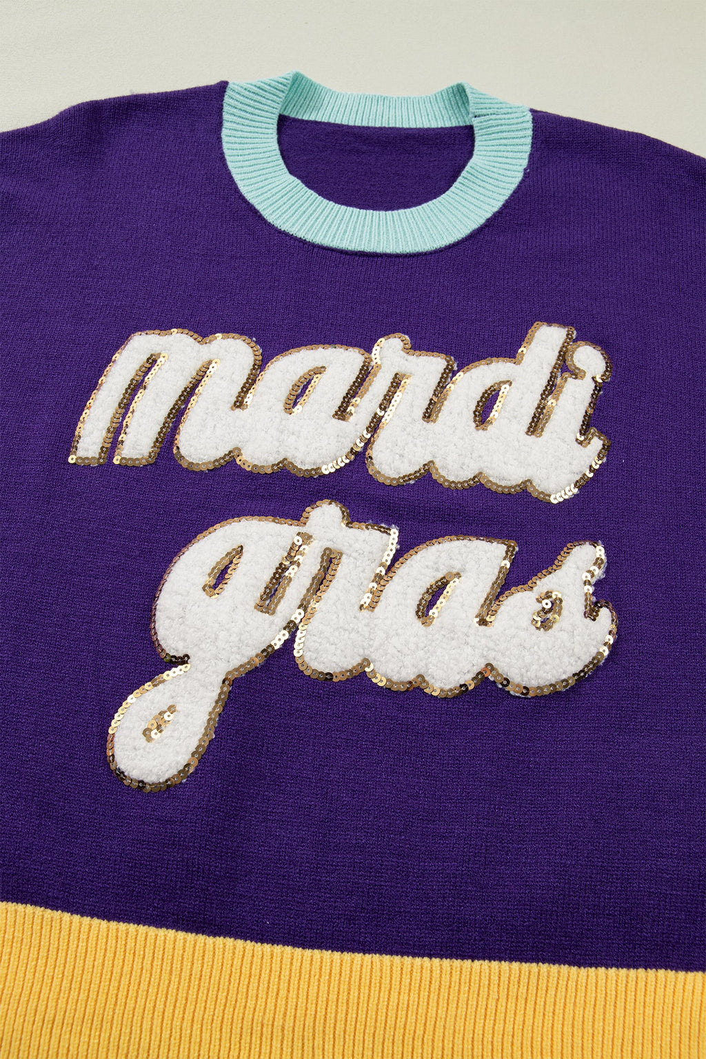 Mardi Gras Colorblock Fuzzy Patchwork Sweater