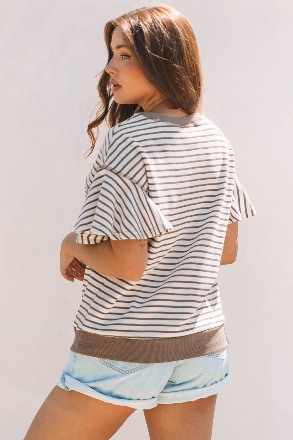 Stripe Contrast Detail Ruffle Short Sleeve Top