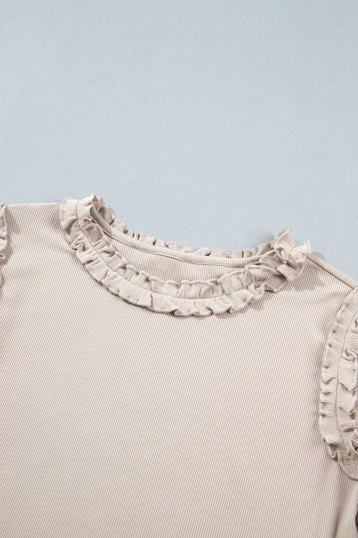Beige Solid Color Round Neck Frill Detail Long Sleeve Top