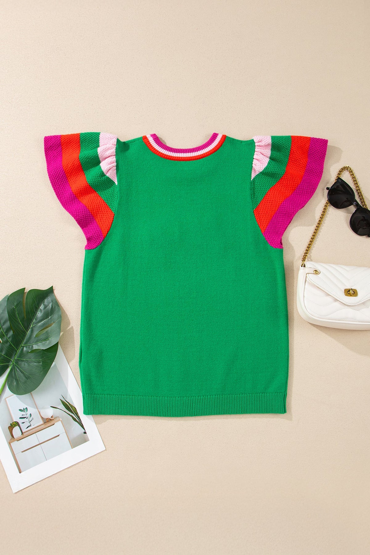 Lucky Stripe Flutter Sleeve Round Neck Sweater