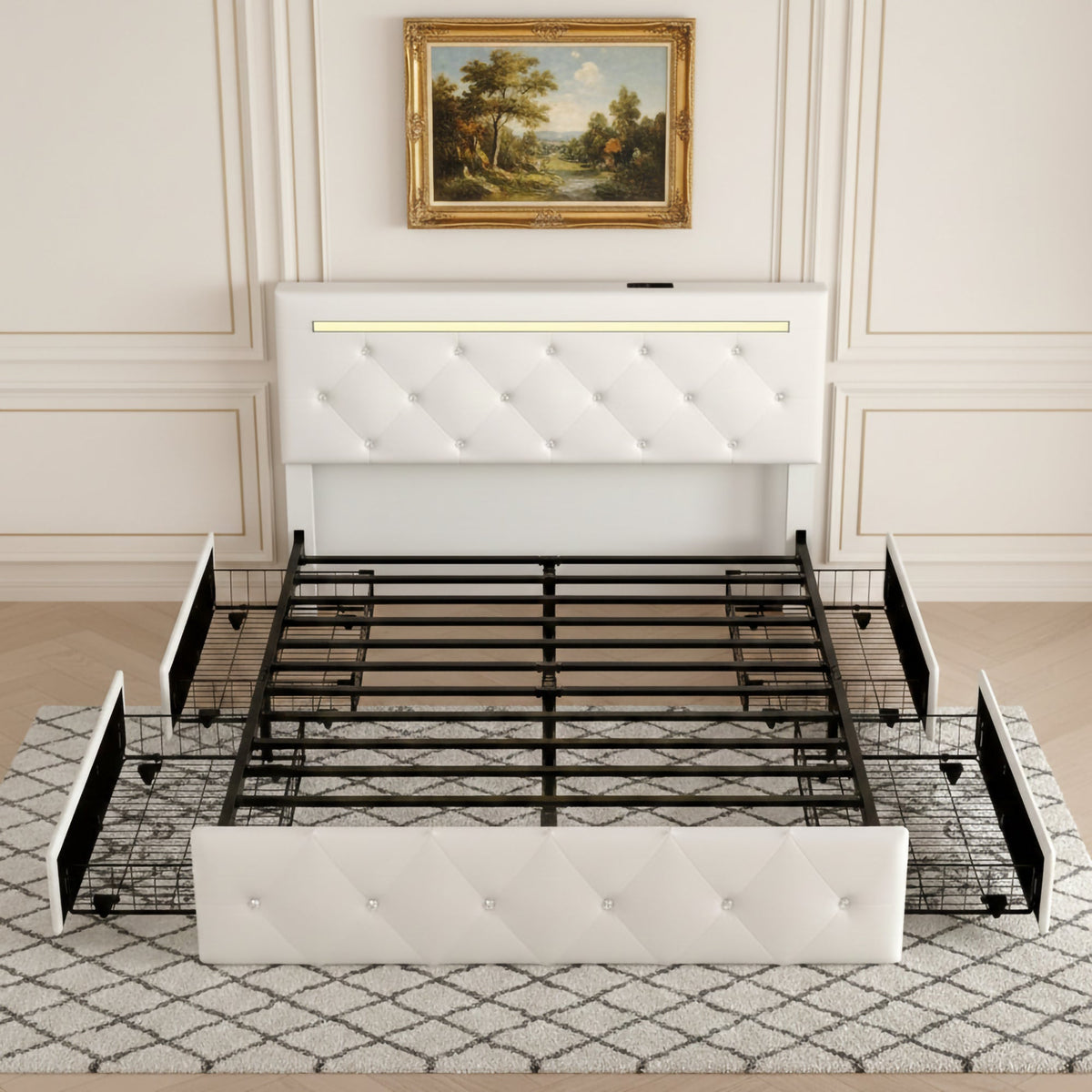 Queen Size Bed Frame with LED Light and 4 Storage Drawers