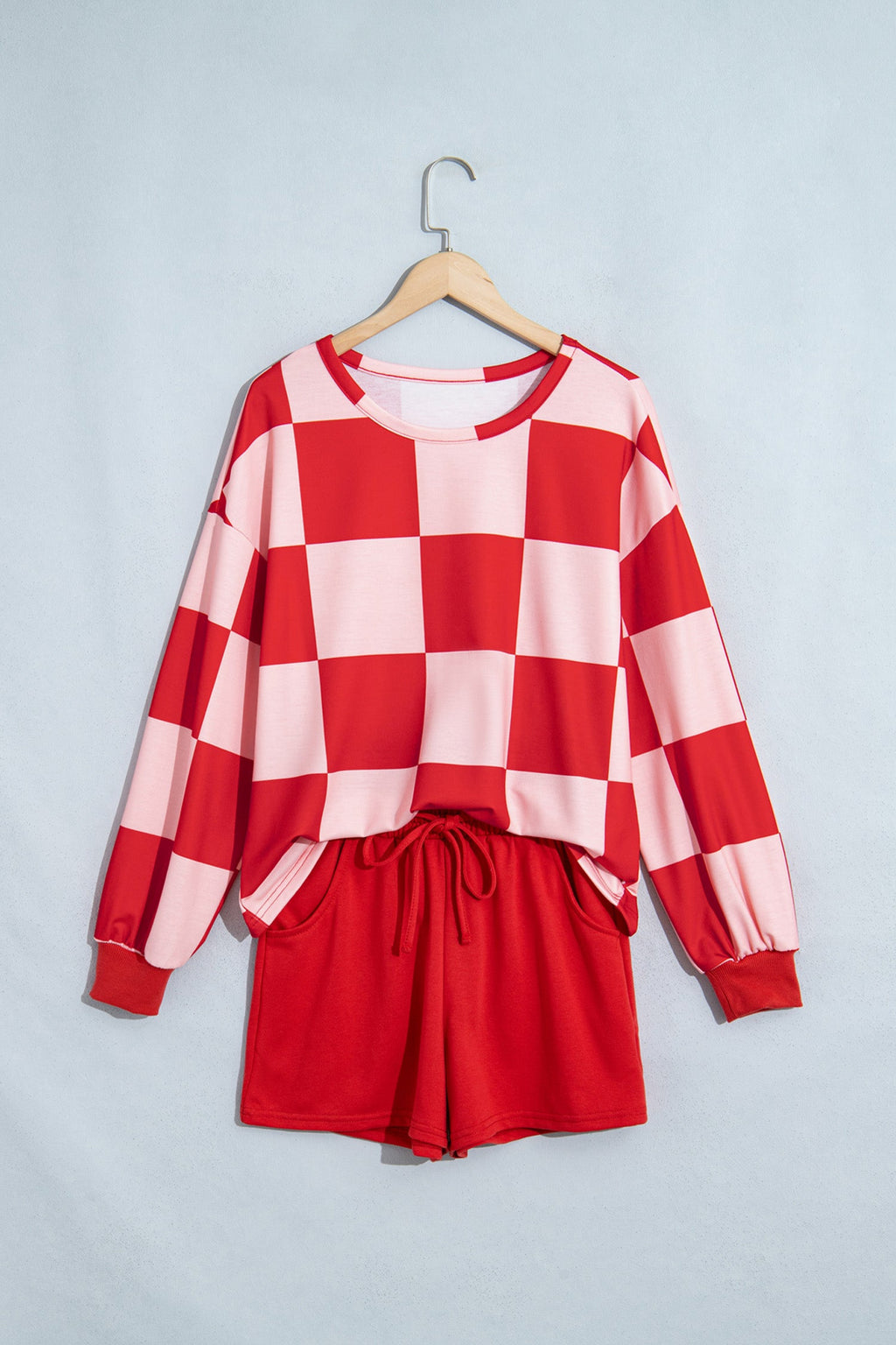 Khaki Checkerboard Plaid Long Sleeve Solid Color Shorts 2pcs Set