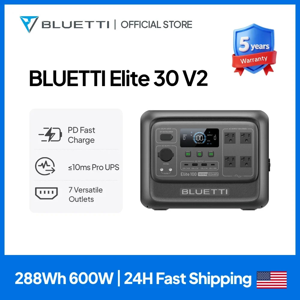 BLUETTI Elite 30 V2 | 288Wh 600W Portable Power Station Lightweight Fast Charging Solar Generator for Home Backup Outdoor