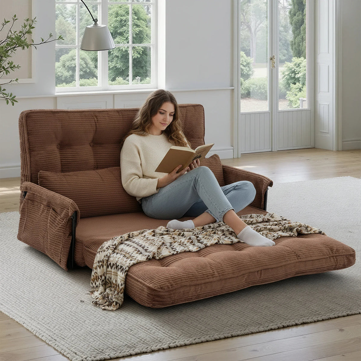 Brown Home Foldable Floor Lounge Sofa Bed, Double 5‑Position Adjustable Corduroy Couch with Armrest Side Pocket