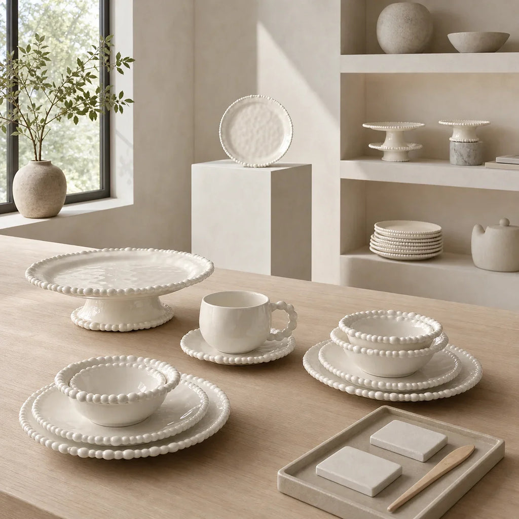 Color Value White French Pearl Edge Ceramic Dinnerware Set Elegant Steak Plate Bowl for Home Kitchen Dining