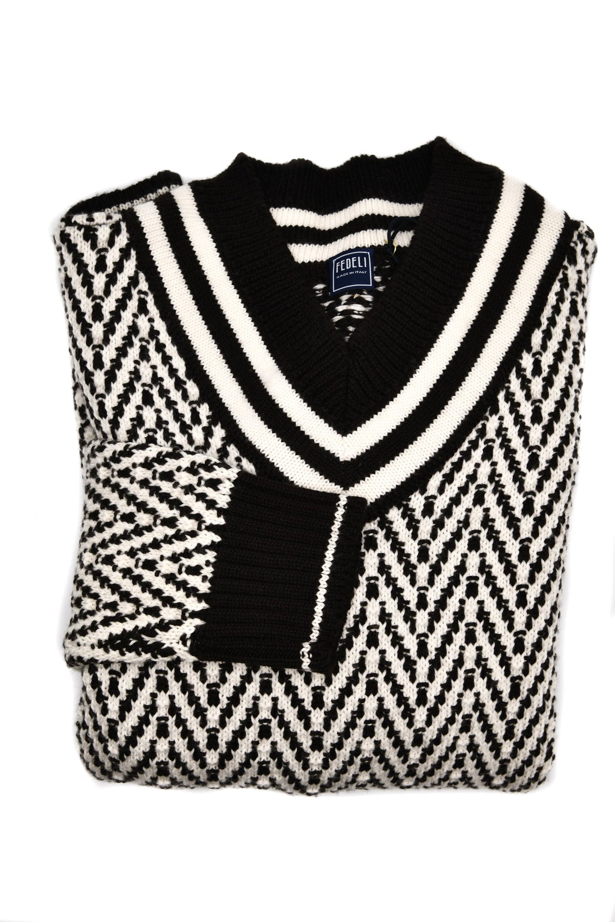 Fedeli Herringbone Virgin Wool V-Neck Knit Sweater