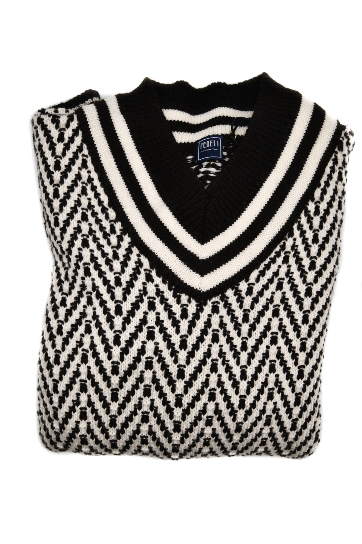 Fedeli Herringbone Virgin Wool V-Neck Knit Sweater