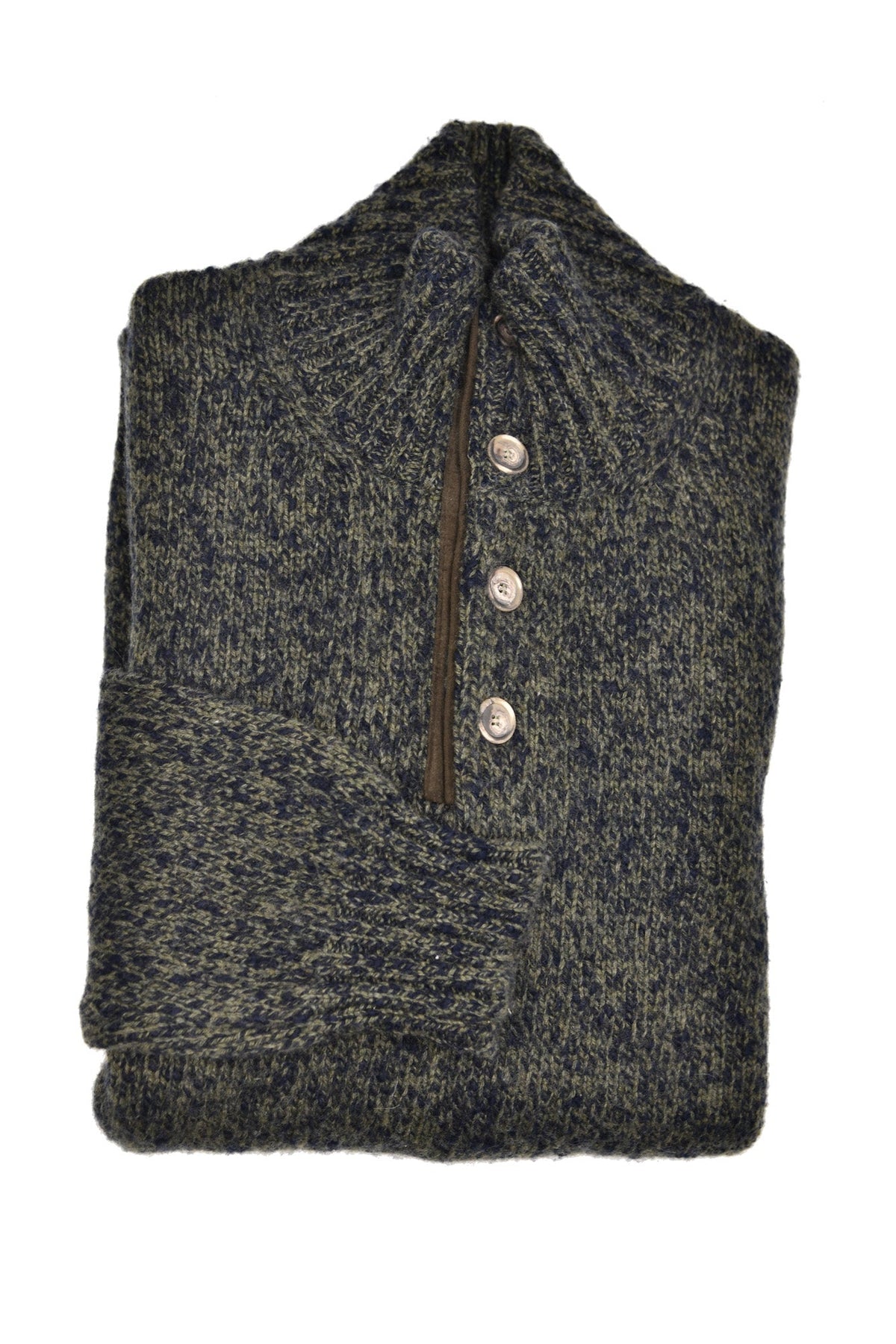 Fedeli Wool-Cashmere Marled Turtleneck Knit Quarter Button Up Sweater