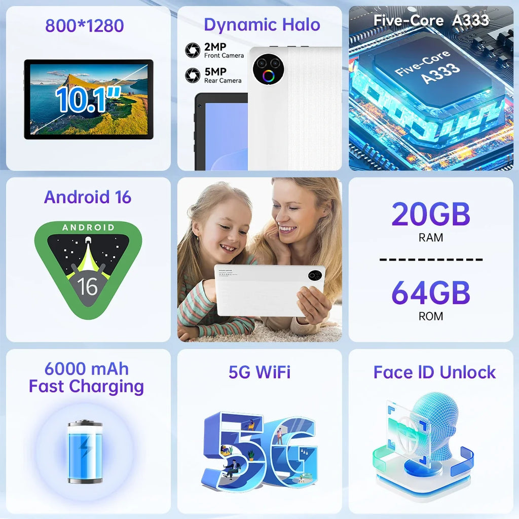 KB1001 Android 16 Tablet 10.1 Inch 20(3+17)GB RAM 1TB TF 6000mAh Face Unlock 8MP Dual Camera OTG Widevine L1 BT 5.4/5G WiFi Portable Work Study Tablet PC - Black