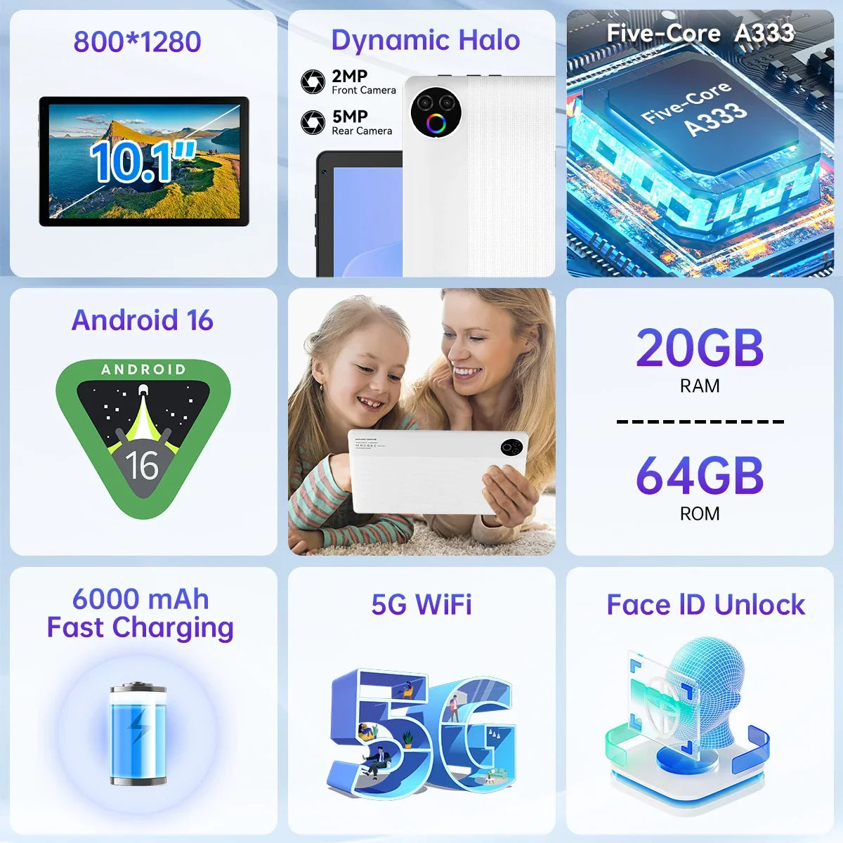 KB1001 Android 16 Tablet 10.1 Inch 20(3+17)GB RAM 1TB TF 6000mAh Face Unlock 8MP Dual Camera OTG Widevine L1 BT 5.4/5G WiFi Portable Work Study Tablet PC - Black