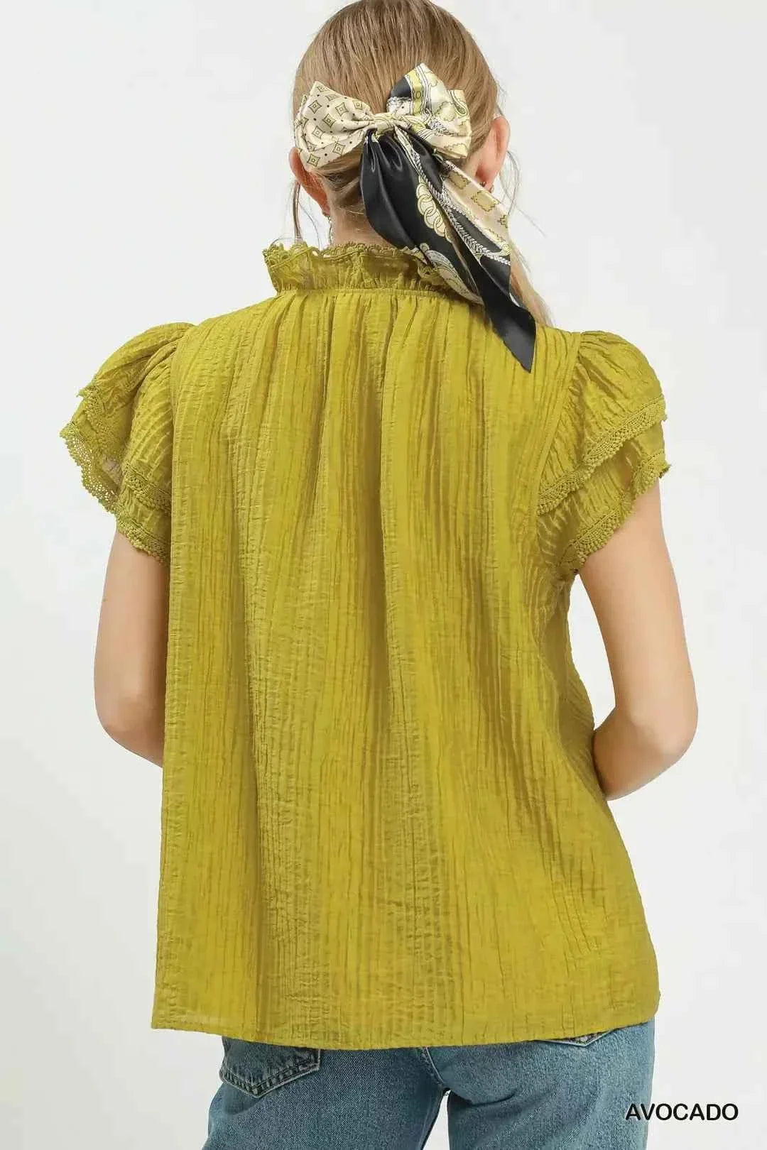 Avocado Lace Trim Double Layer Ruffle Sleeve Top by Umgee