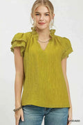 Avocado Lace Trim Double Layer Ruffle Sleeve Top by Umgee