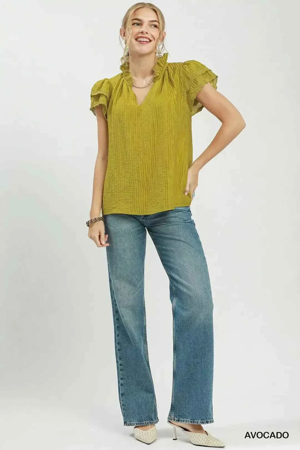 Avocado Lace Trim Double Layer Ruffle Sleeve Top by Umgee