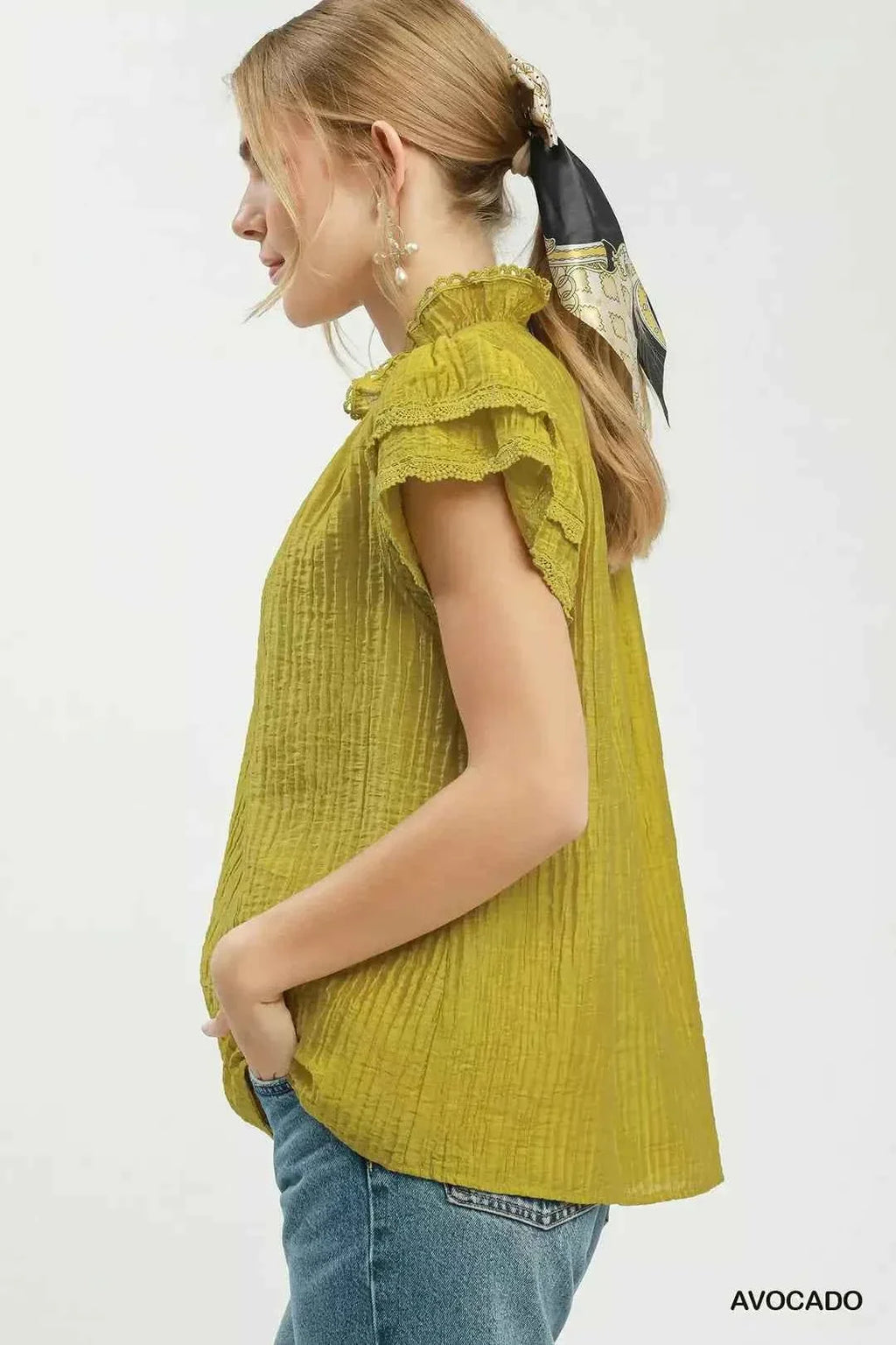 Avocado Lace Trim Double Layer Ruffle Sleeve Top by Umgee