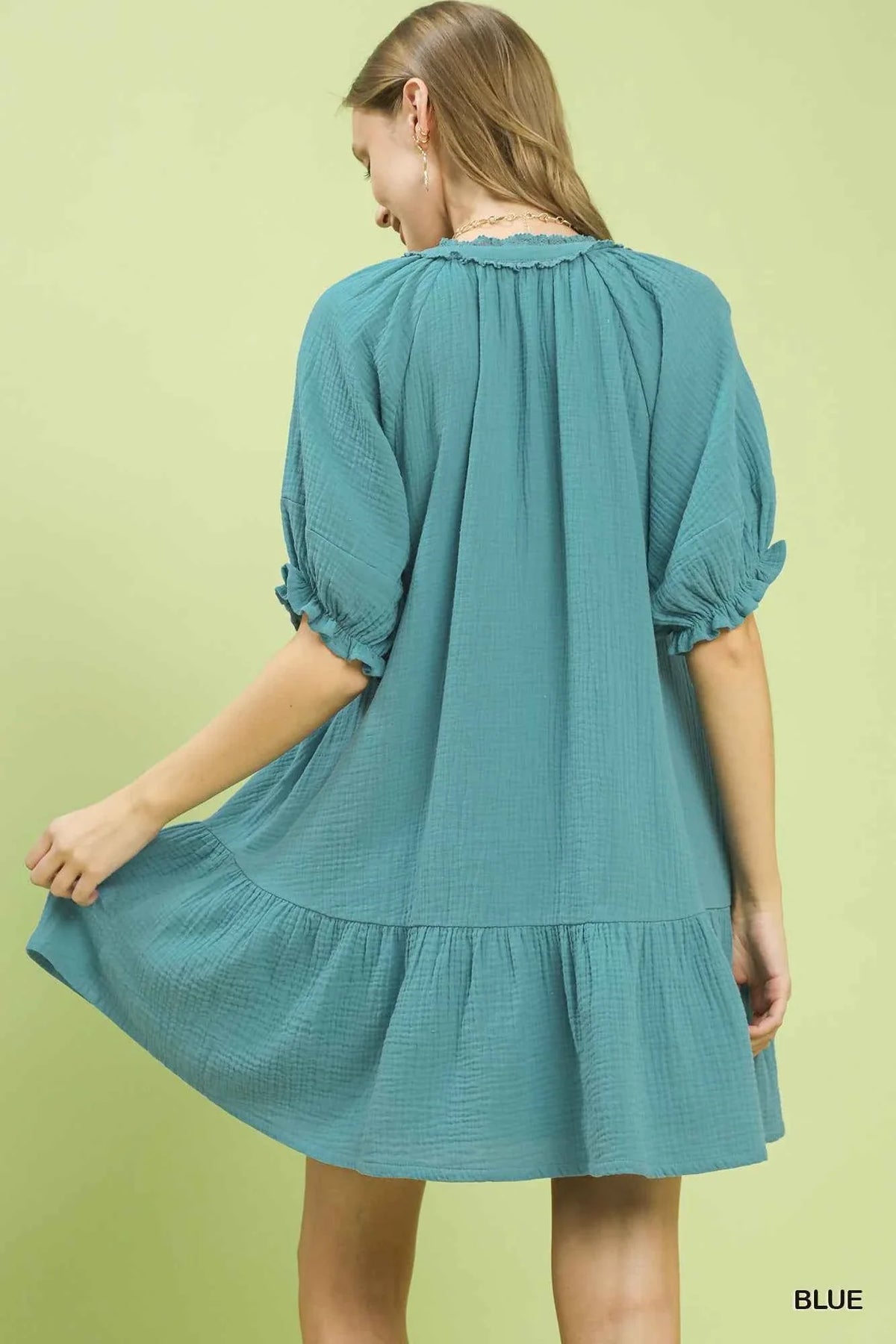 Blue Cotton Gauze Mini Dress by Umgee
